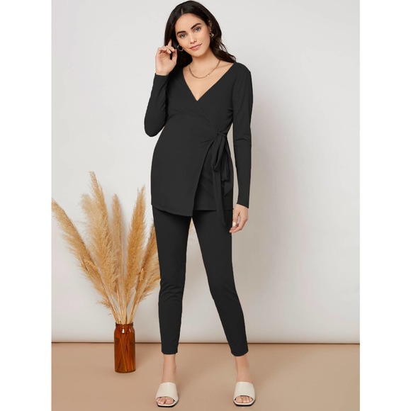 Maternity Wrap Tie Side Top Pants Set - Picture 3 of 4